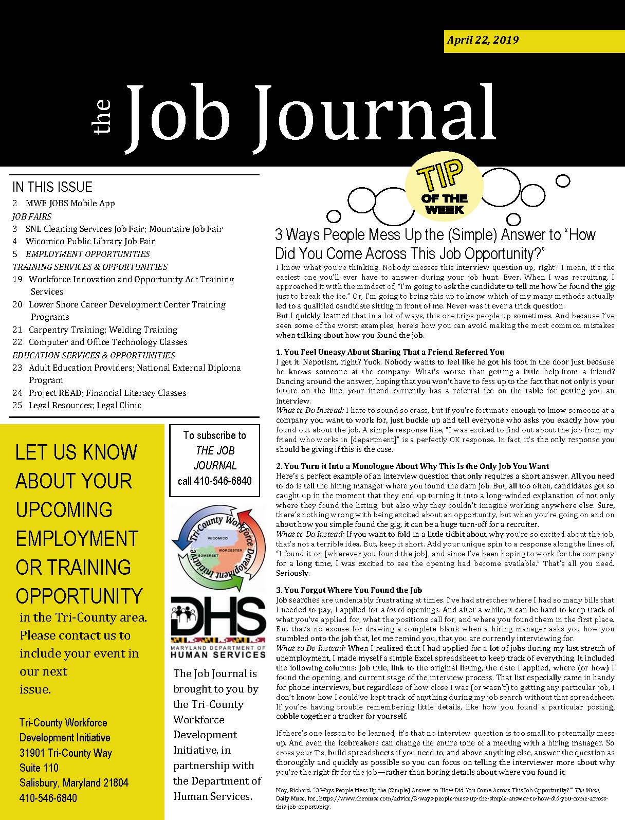 Cover Page for The Job Journal 04222019