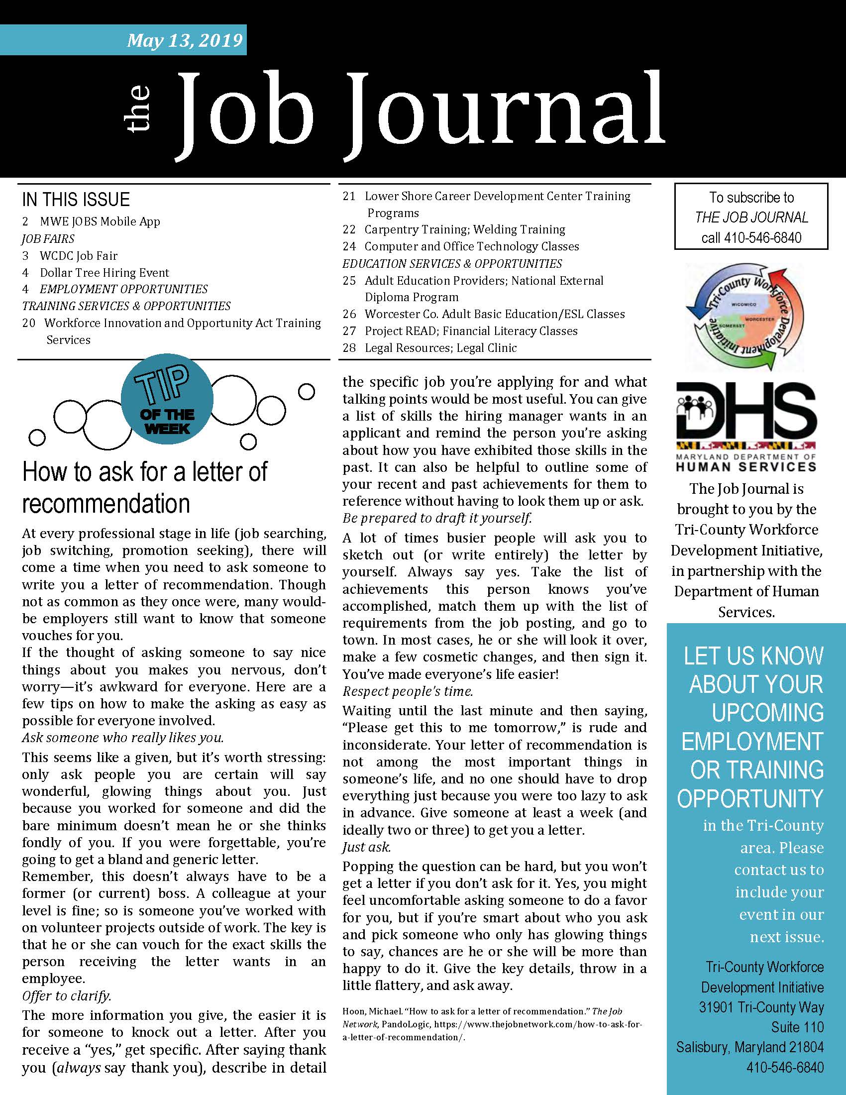 Front Cover of The Job Journal 05.13.2019